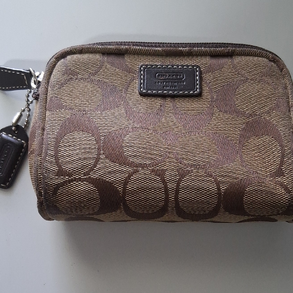 Coach Brown Signature Jacquard Zip Wristlet Wallet